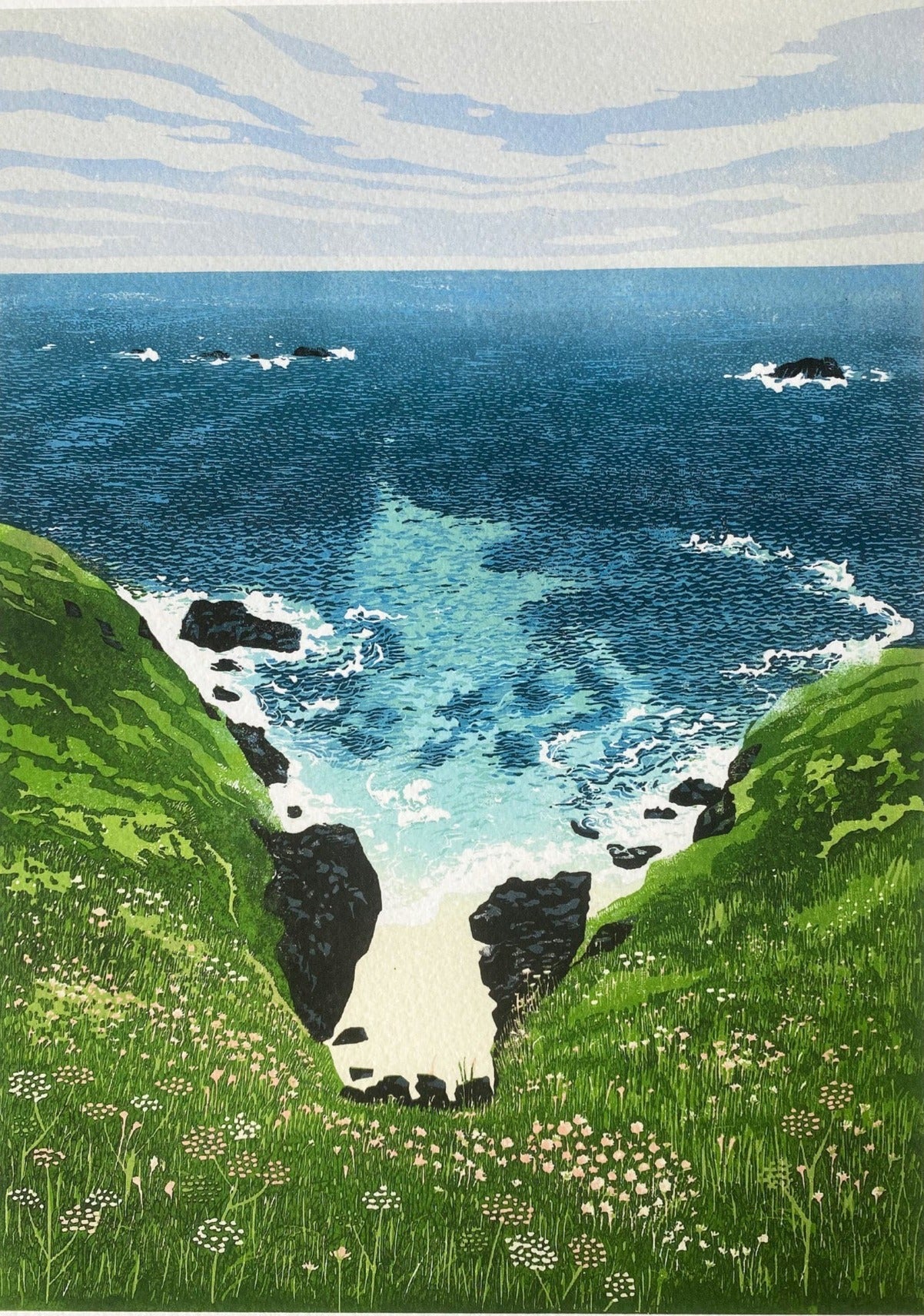 Coastal Cove Pendeen. Art print of a Cornish Cove, Coastal path view in Cornwall. Looking down the cliff to the sea.