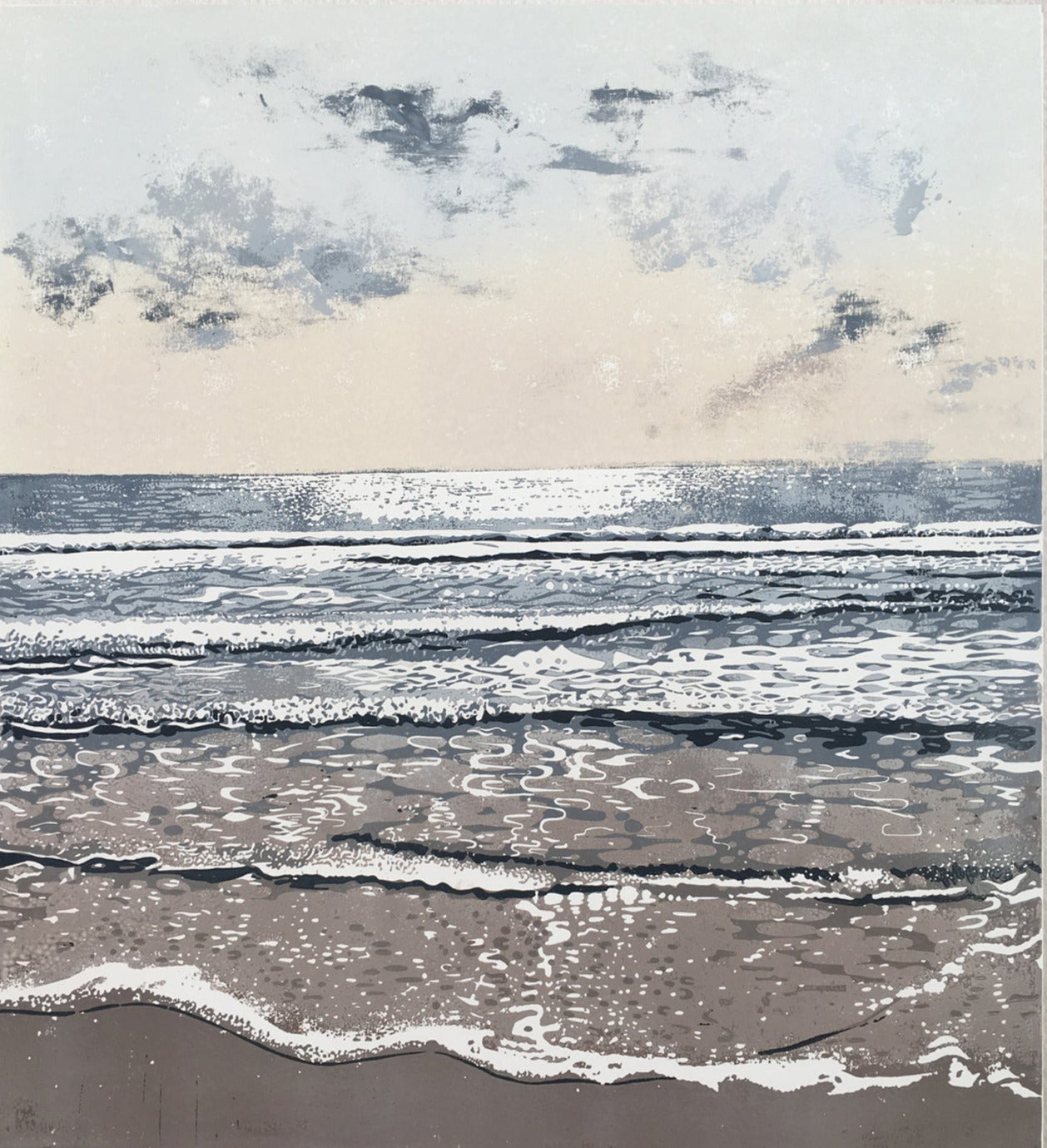 Late afternoon and the tide lapping the beach at Praa Sands. Art print from an original linocut. Cornish beaches, Cornwall. Seaside. Tides. Exploring the Cornish coast.