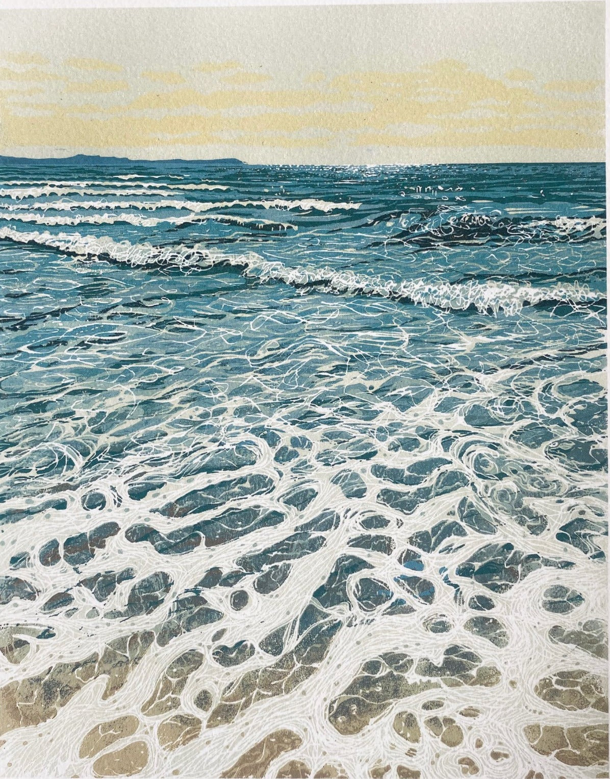 Watergate Bay Art print of a Cornish beach. Surfers paradise. Cornwall. Sunlight on the sea. Linocut print of the sea