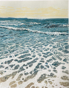 Watergate Bay Art print of a Cornish beach. Surfers paradise. Cornwall. Sunlight on the sea. Linocut print of the sea