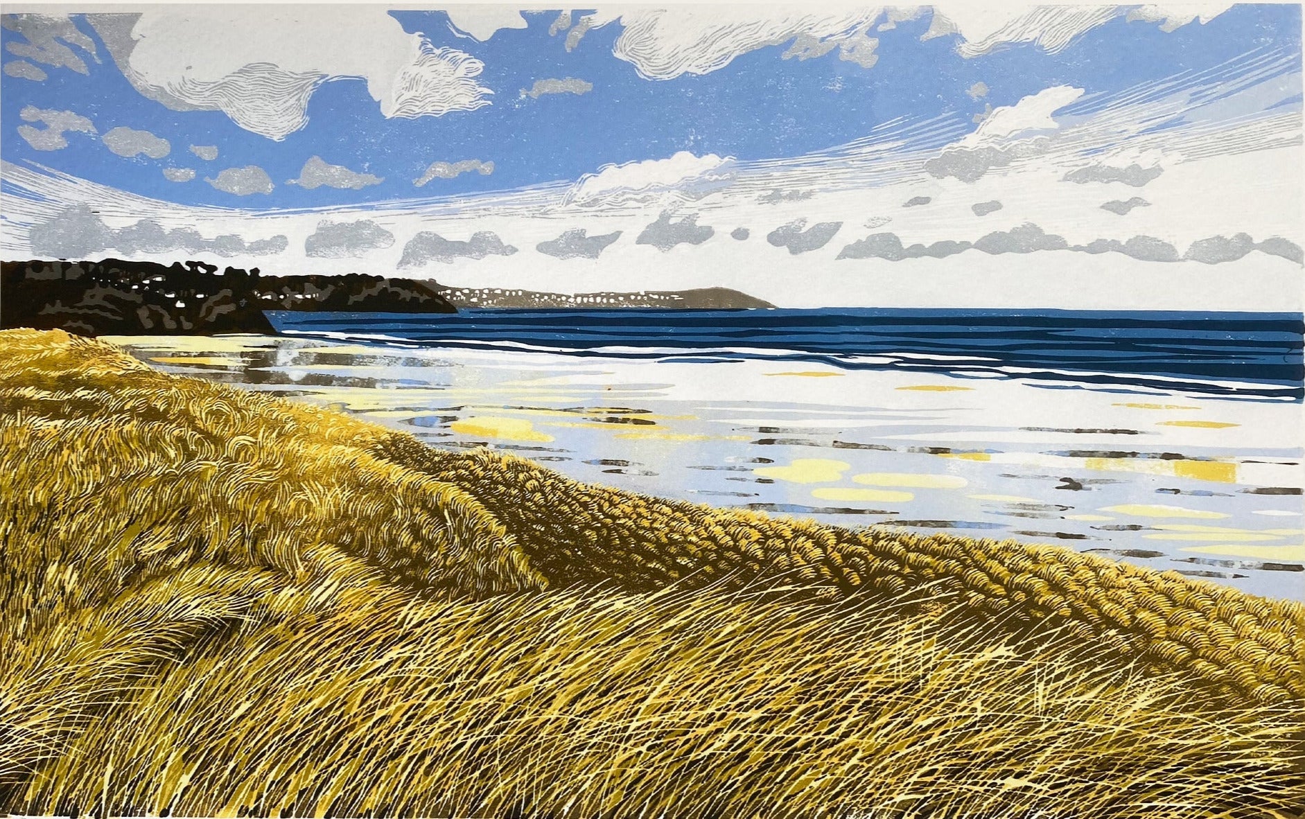 Looking from the sand dunes covered in their long sharp grasses across the wet reflective sandy beach of porth kidney at lelant towards St Ives. North coast Cornwall. A4 size art print from an original limited edition reduction linocut print