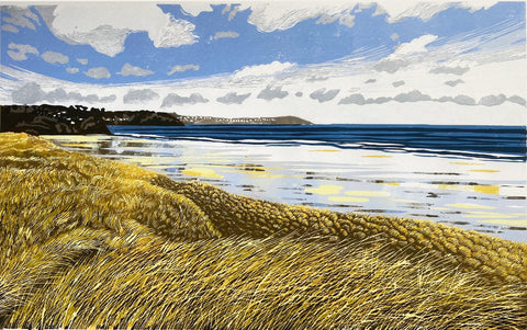 Looking from the sand dunes covered in their long sharp grasses across the wet reflective sandy beach of porth kidney at lelant towards St Ives. North coast Cornwall. A4 size art print from an original limited edition reduction linocut print