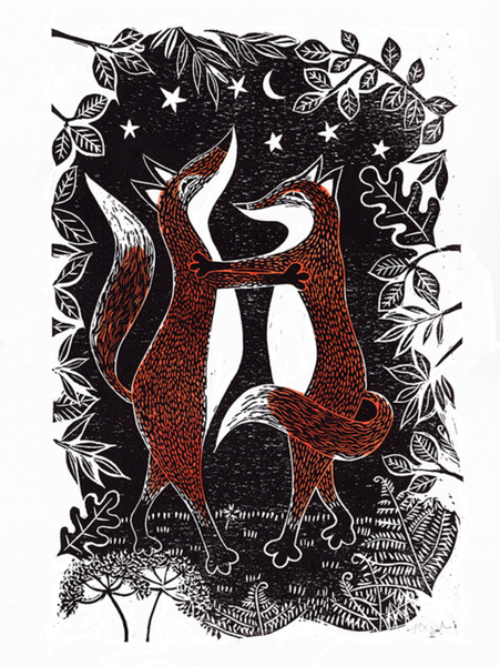 Fox Trot linocut print from the Dancing Animal series by Hazel McNab