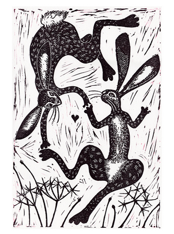 Hareials linocut print from the Dancing Animal series by Hazel McNab
