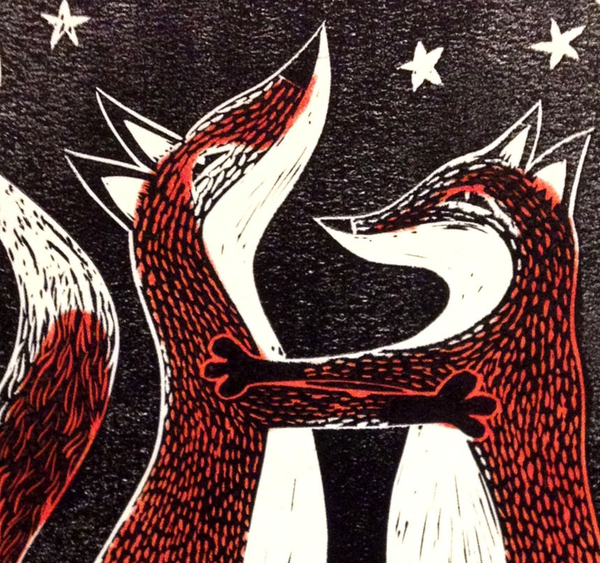 Detail of Fox Trot, two foxes dancing under the stars. Linocut print.
